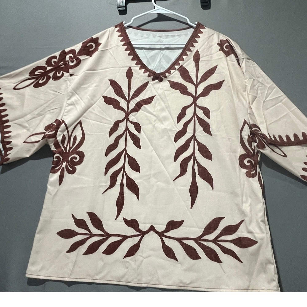 Shein Women Burgundy Cream Botanical Leaf Print V-Neck Blouse Top L LCC08323-0